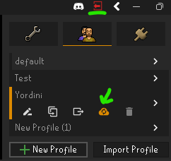 RuneLite Profiles tab: the account login button at the top of the sidebar, and the cloud sync button on a profile.