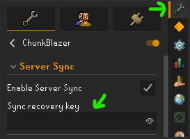 RuneLite configuration: the ChunkBlazer settings under Server Sync, with the Sync recovery key field highlighted.