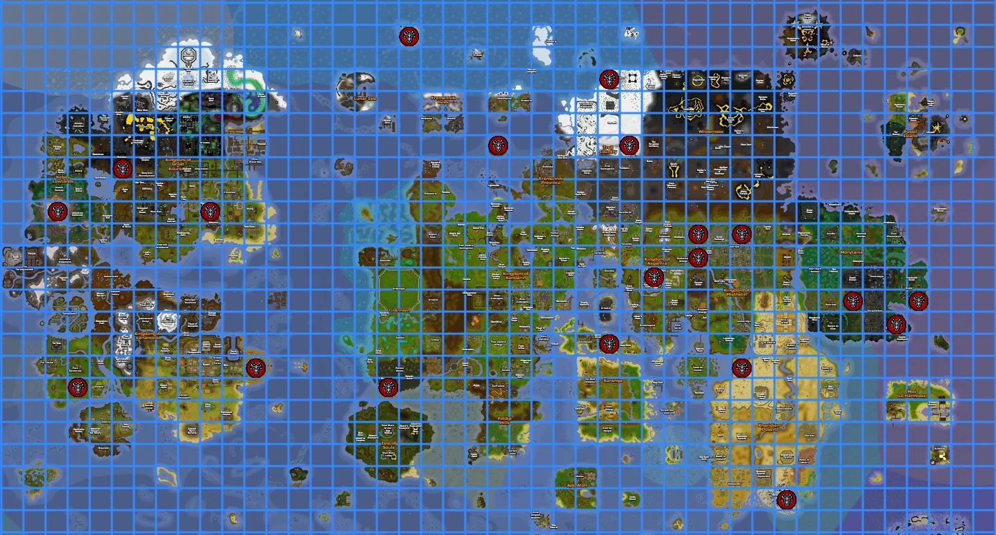 OSRS world map with ChunkBlazer boss-chunk locations marked